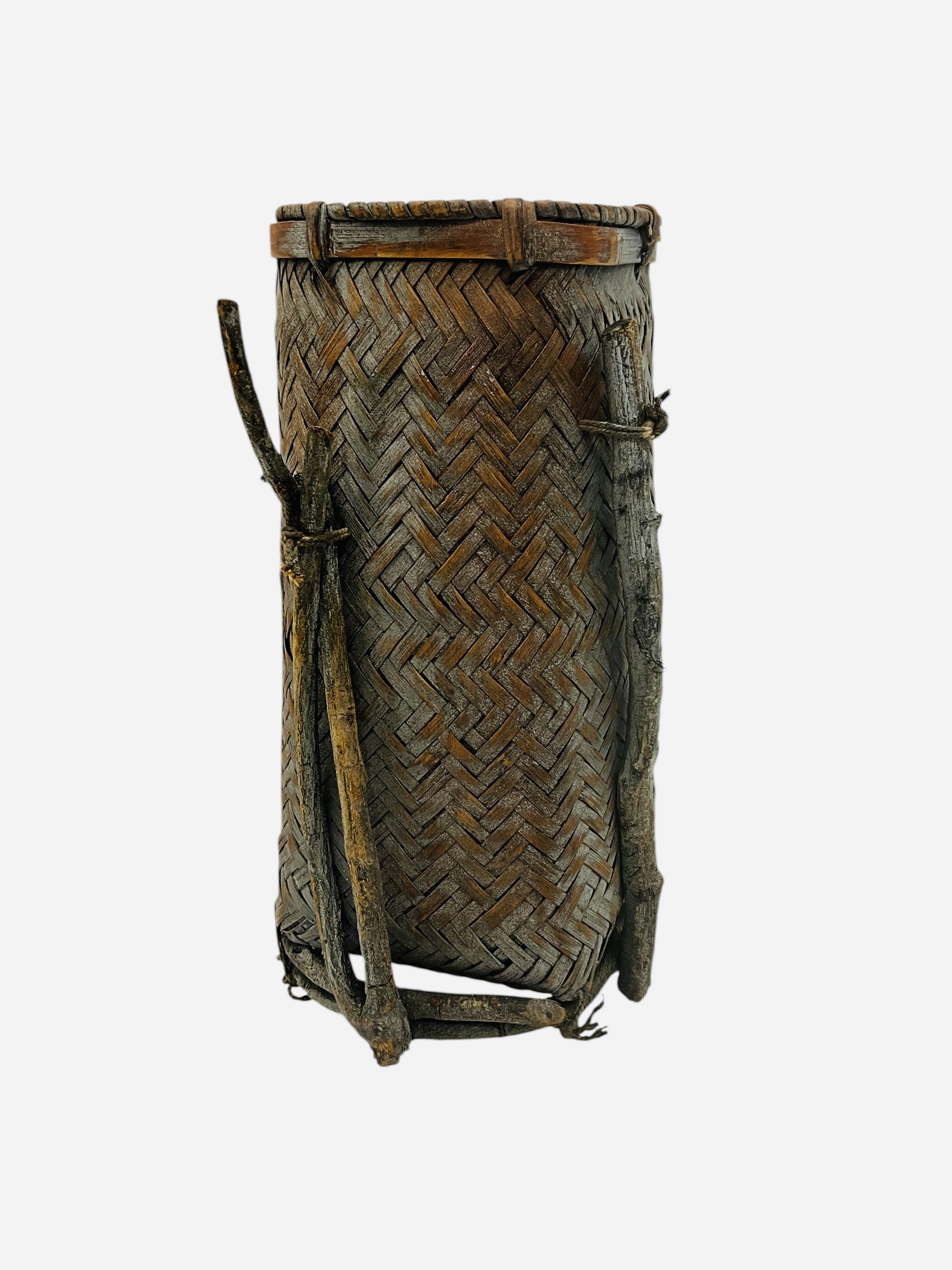 Small Primitive Hand Made Basket With Blue Patina
