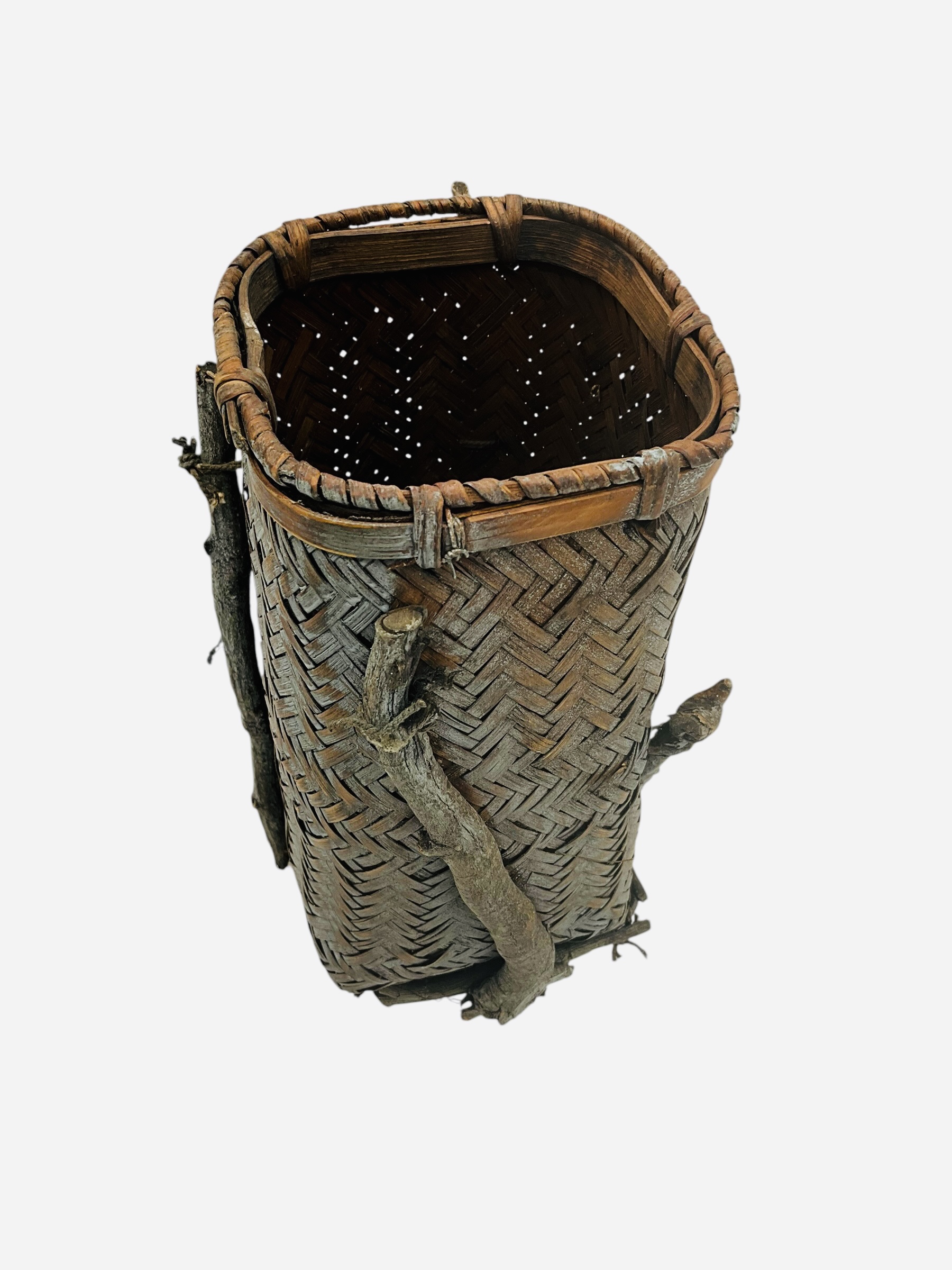 Small Primitive Hand Made Basket With Blue Patina