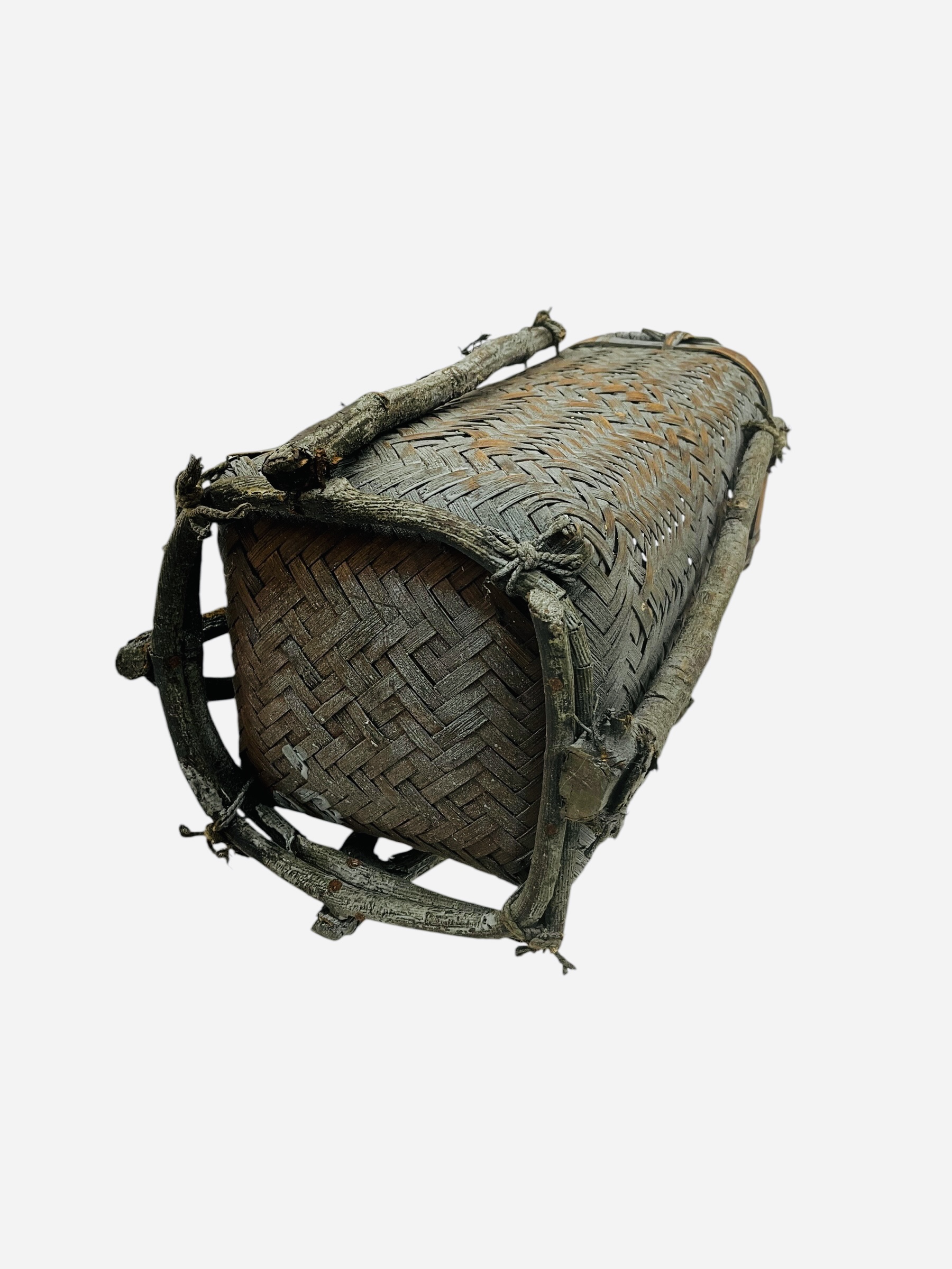 Small Primitive Hand Made Basket With Blue Patina