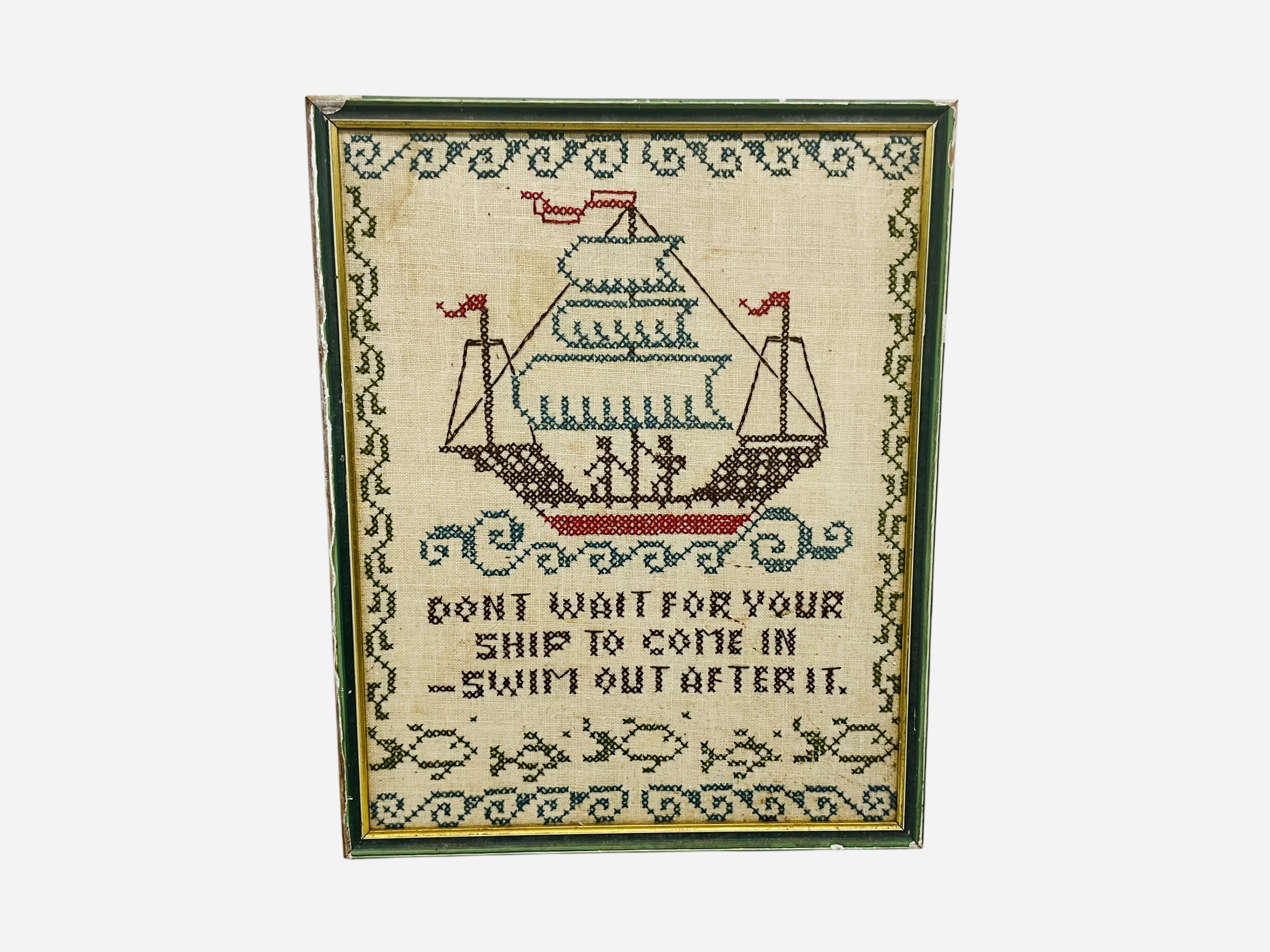 Vintage Needlepoint Sampler In Frame