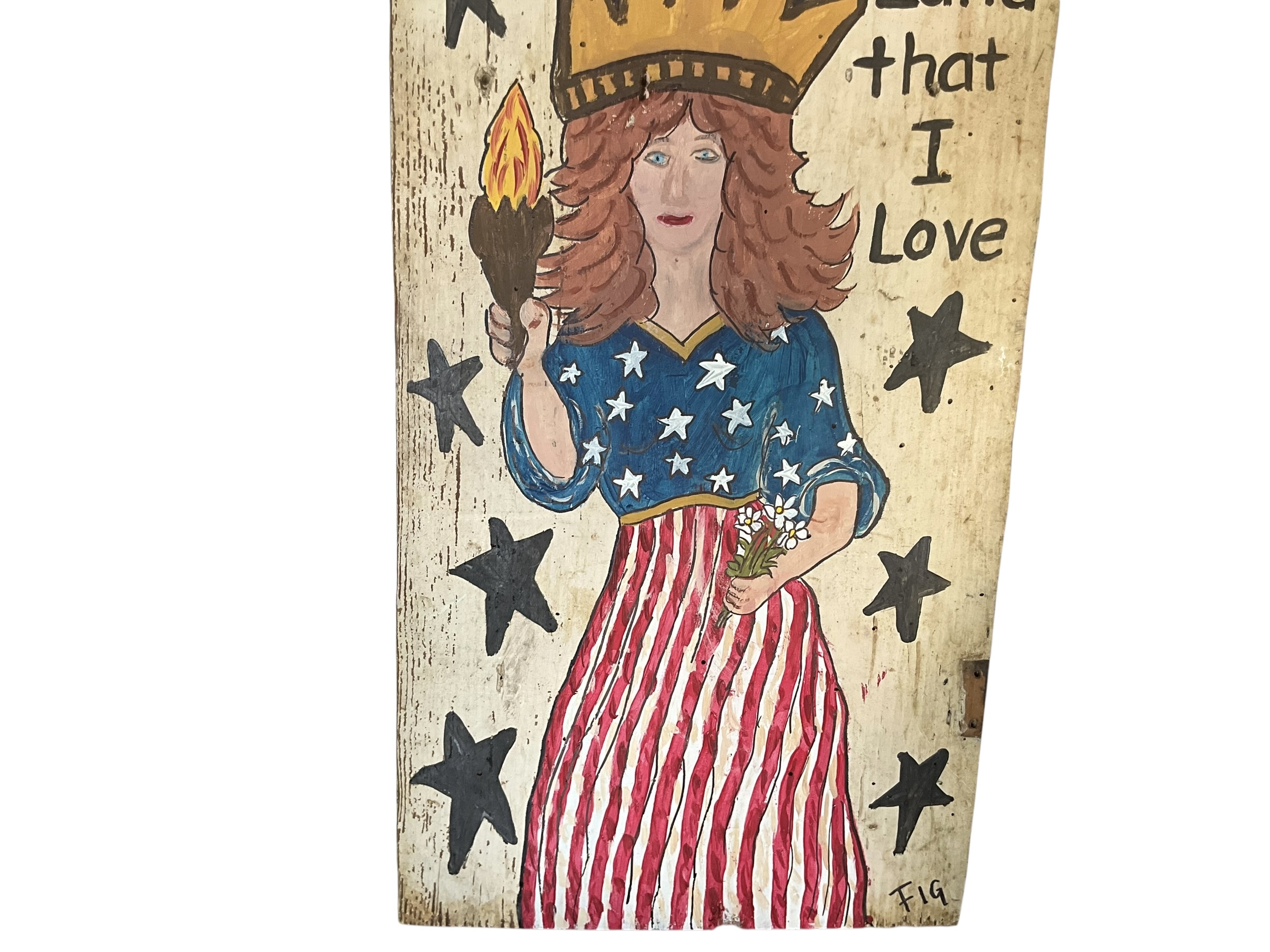 Outsider Art Lady Liberty Hand Painted Folk Art By Artist FIG