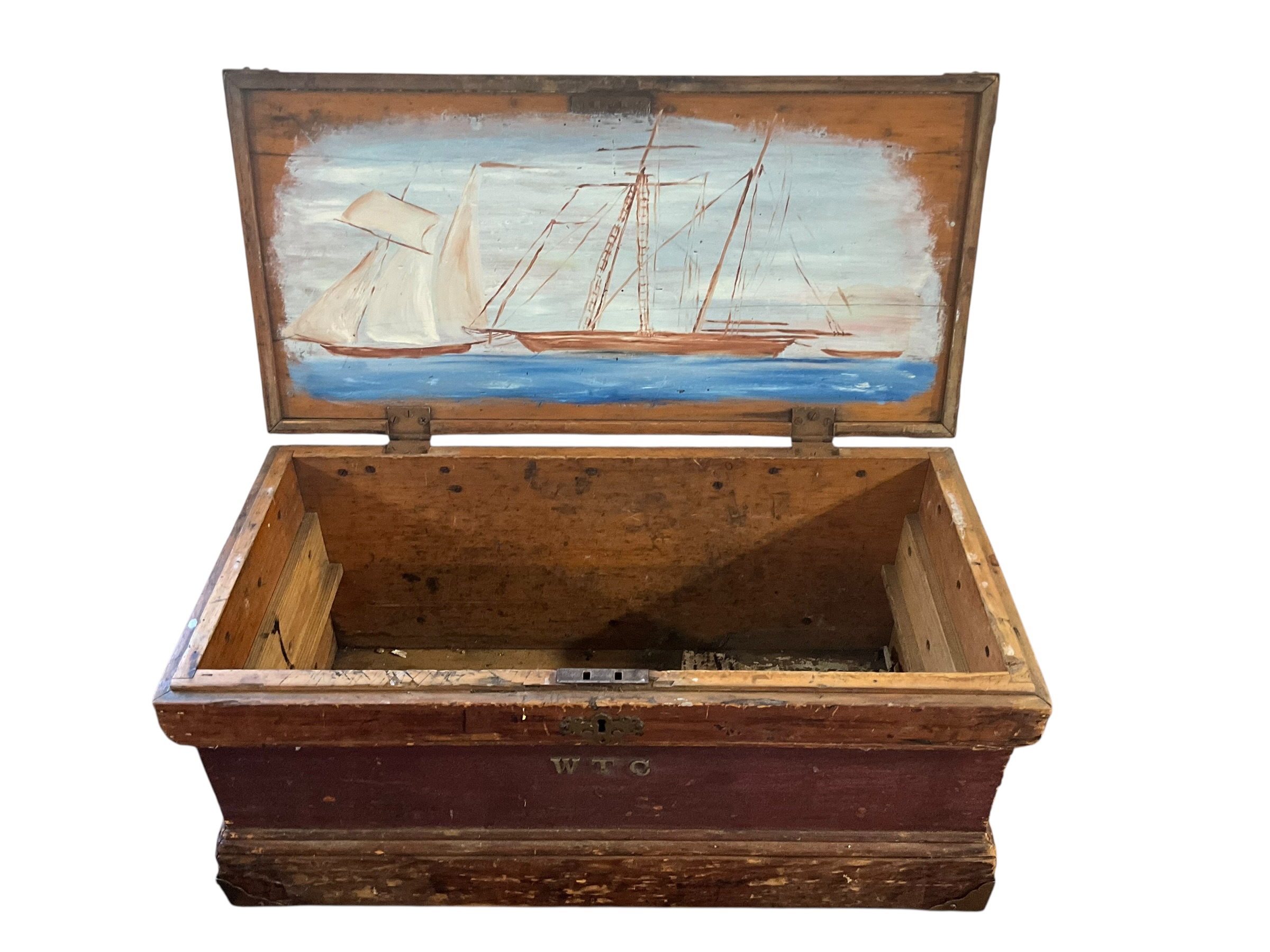 Primitive Carpenters Wood Tool Box Trunk Chest Handpainted Top