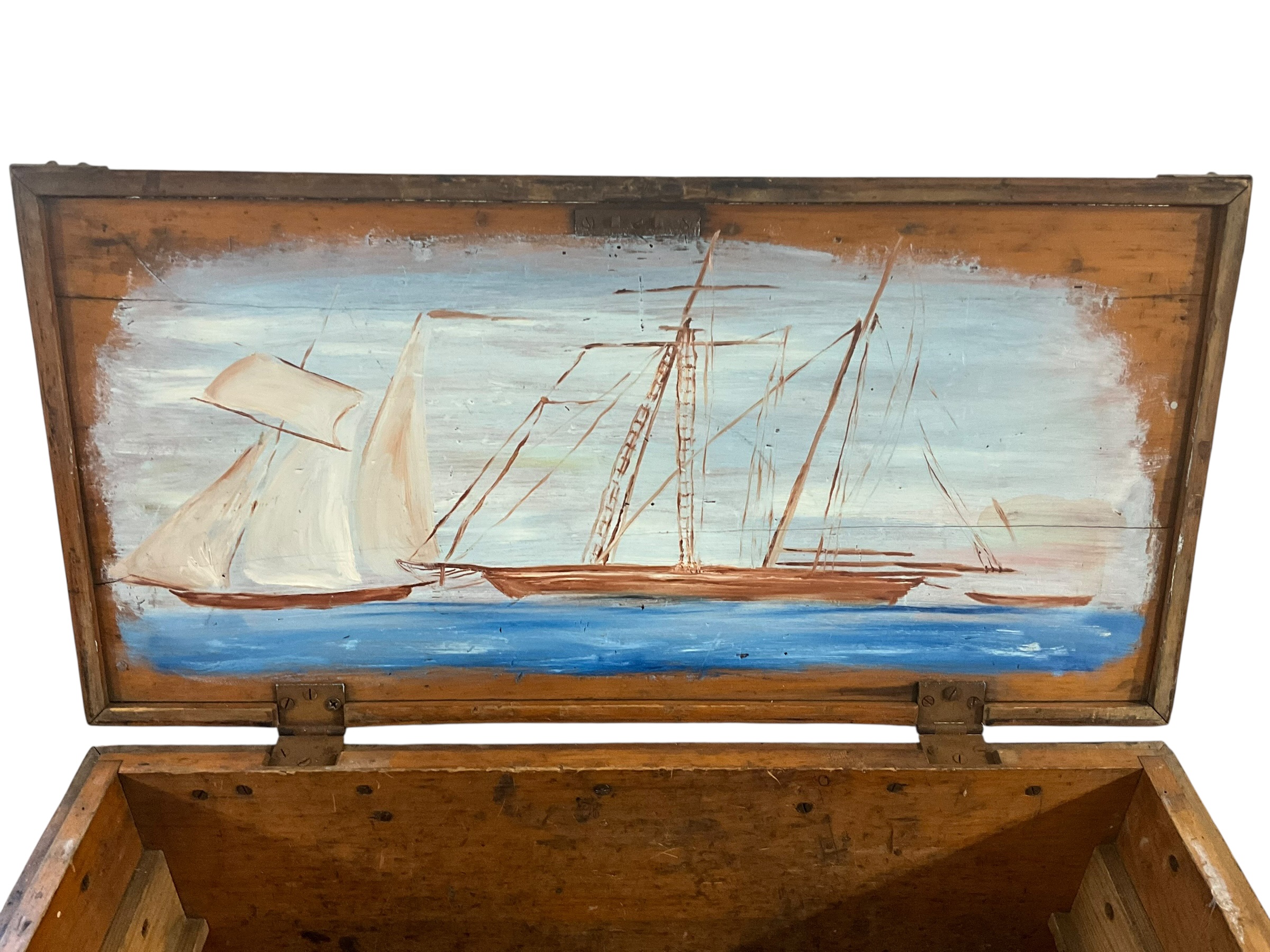 Primitive Carpenters Wood Tool Box Trunk Chest Handpainted Top