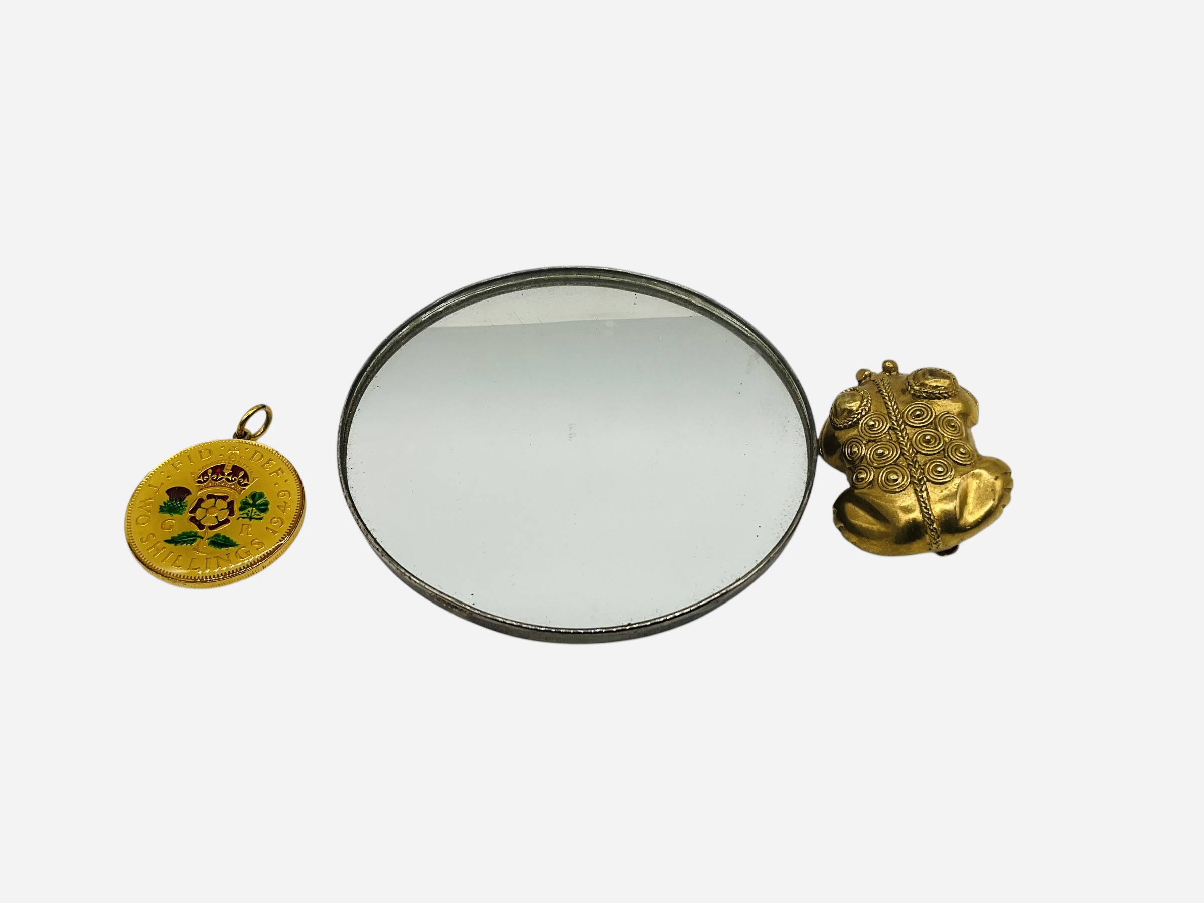 Compact Sterling Mirror + Frog Brooch + 2 Shilling Pendant