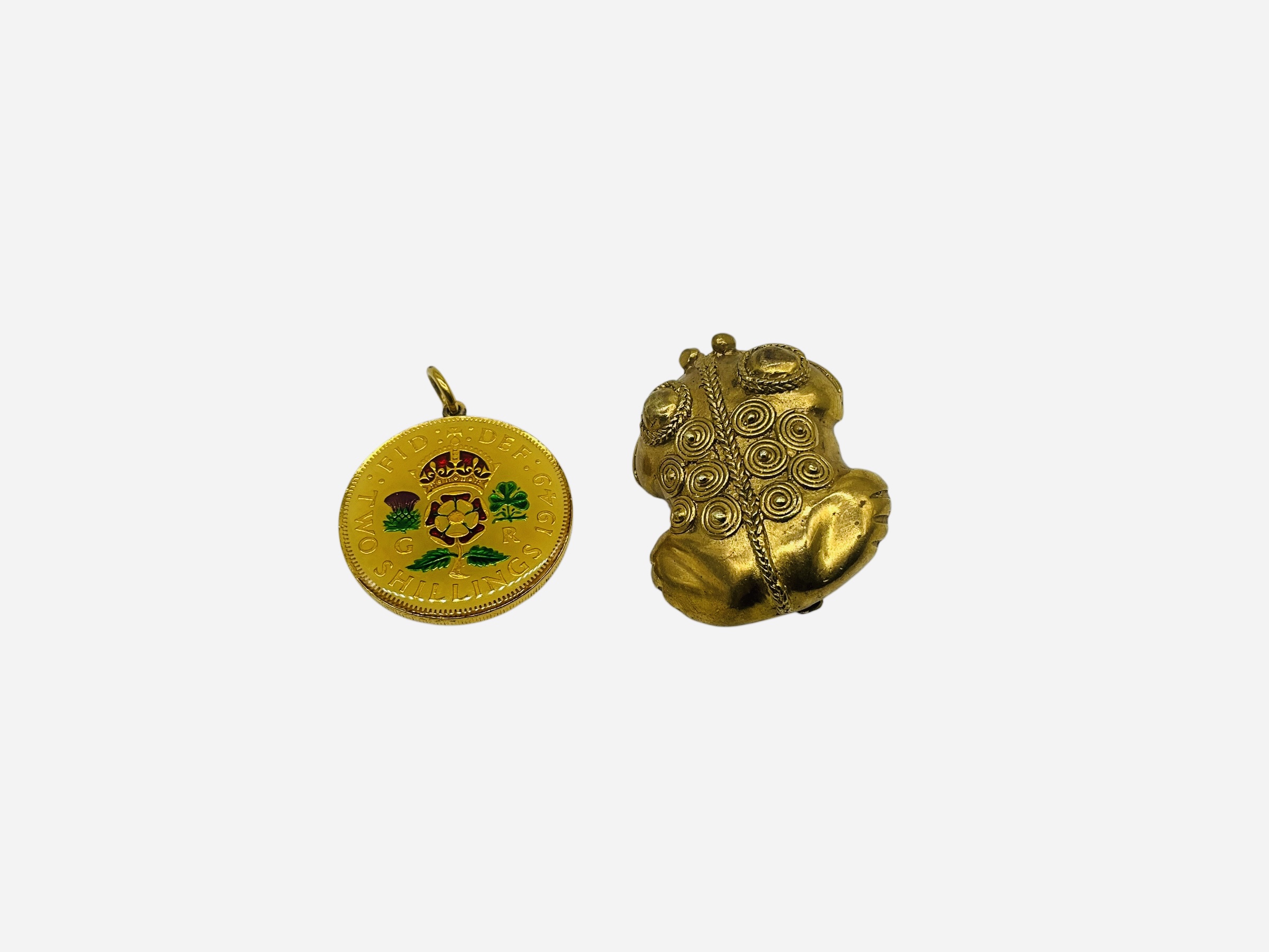 Compact Sterling Mirror + Frog Brooch + 2 Shilling Pendant