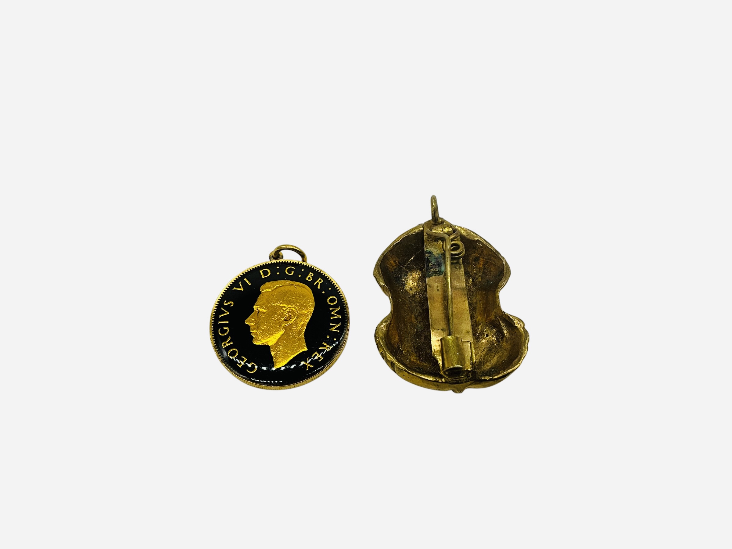 Compact Sterling Mirror + Frog Brooch + 2 Shilling Pendant