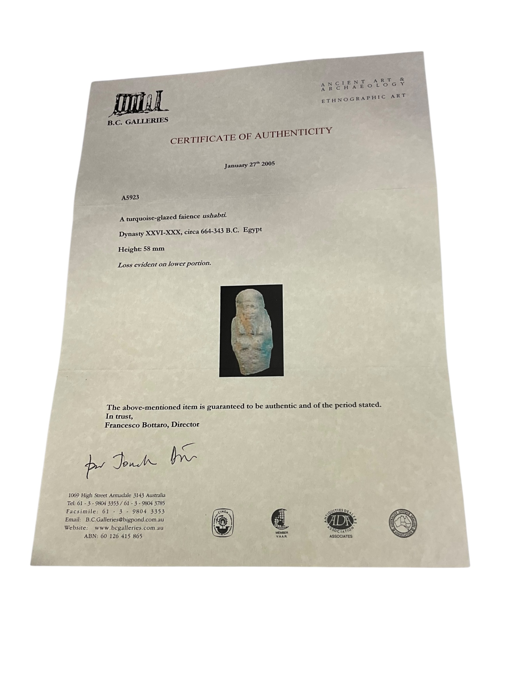 2.28" Ancient Egyptian Faience Ushabti With COA