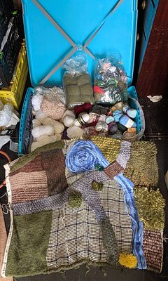 A Collection of Vintage Knitting Yarns, Craft Supplies, and a Needlework Rug Project Housed 