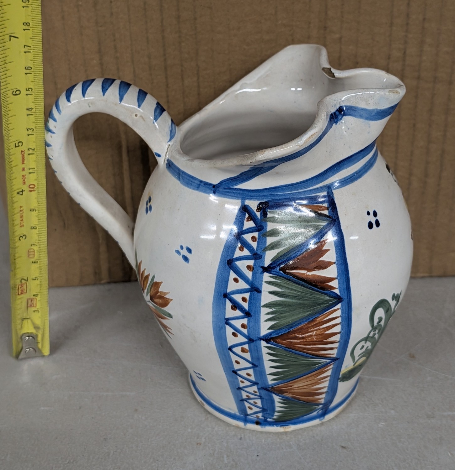 6" Henriot Quimper French Faience Petit Breton Pitcher, Chip on inner rim