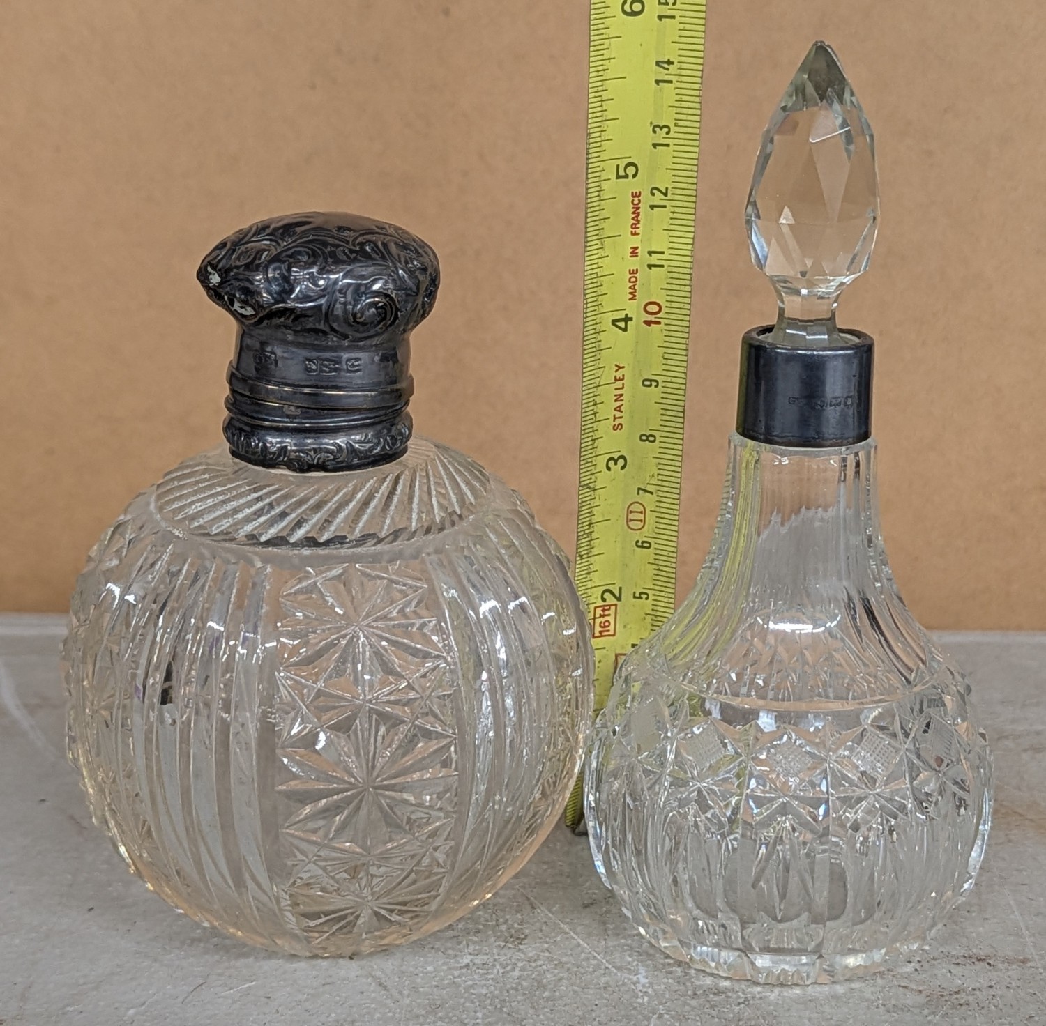 Two Antique Cut Glass Scent Bottles with Silver Mounts