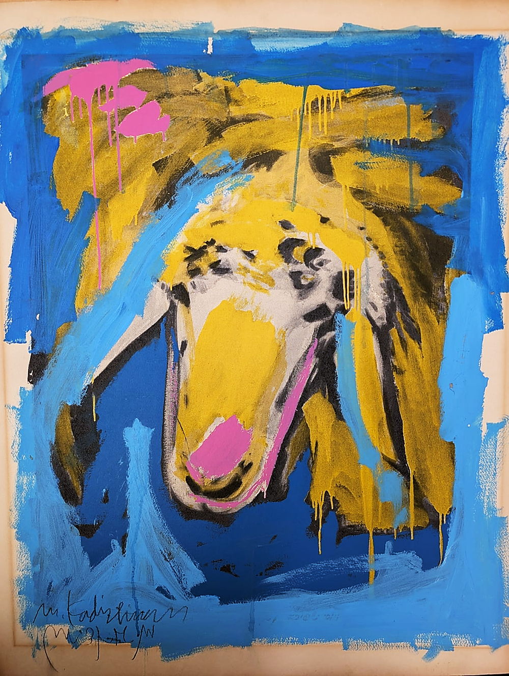 Menashe Kadishman
. Acrylic or oil on screen print on cardboard, 
1980-1982, signed, 
foxing 