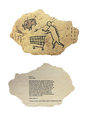 בנקסי - Peckham Rock, 
העתק מוקטן בהוצאת המוזיאון הבריטי שמתאר את העבודה האייקונית של בנקסי (אותה 