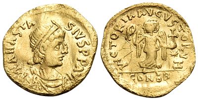 Tremissis AV, Anastasius I (491-518). Tremissis AV, Anastasius I, 491-518 AD (14 mm, 1,13 g) 