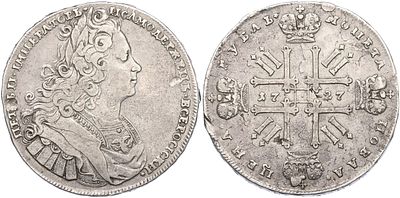 1 рубль 1727 года Российская Империя (Петр II). Серебро 728 пробы, 27,78 г. Московский тип, гурт 