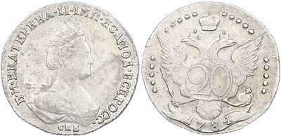 20 копеек 1784 года СПБ Российская Империя (Екатерина II). Серебро 750 пробы, 4,61 г. Биткин #397.
