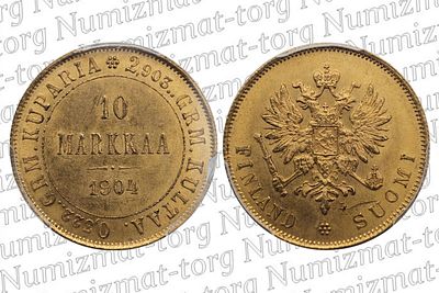 10 марок 1904 г. L. Финляндия. MS 64. 10 марок 1904 года. Финляндия LГрейд: MS 64Металл: Золото 