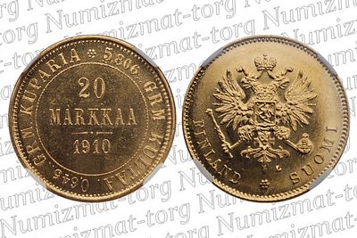 20 марок 1910 г. L. Финляндия. MS 63. 20 марок 1910 года. Финляндия LГрейд: MS 63Металл: Золото 