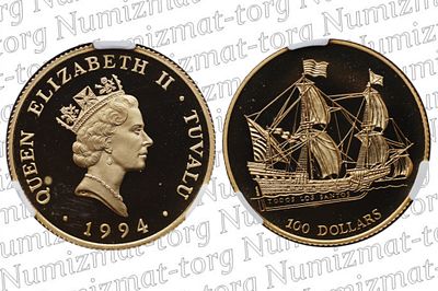 100 долларов 1994 г. Тувалу. PF66 ultra cameo. 100 долларов 1994 года. Елизавета II. Тувалу. 