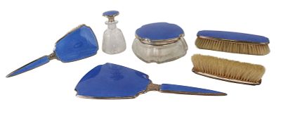 Six Sterling and Blue Enamel Dresser Set. Six Sterling and Blue Enamel Dresser Set Comprising: