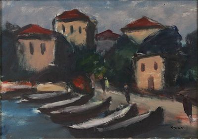 Arnošt Folprecht, Czech 1902-1977, Harbor Scene, Oil on Board. Arnošt Folprecht Czech