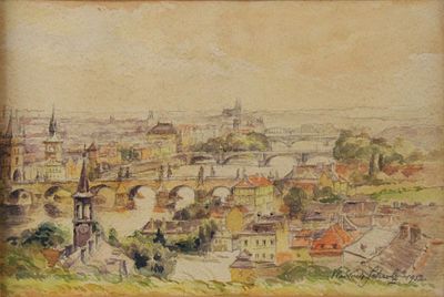 Bird's Eye View of Prague, Watercolor on Paper. Bird's Eye View of Prague Watercolor on Paper