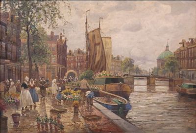 F. Max Richter-Reich, 1896-1950, Dutch Flower Market, Oil on Canvas. F. Max