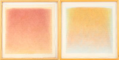 Power Boothe, 1945, Blue Wash, Ochre to Acid Red Drift and Ochre Wash, Red Drift, Acrylic Wah on.