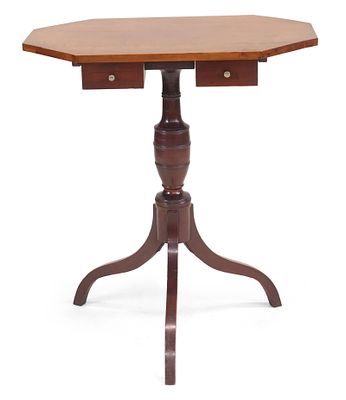 Rare Federal Birchwood Two-Drawer Octagonal Top Candlestand. Rare Federal Birchwood Two-Drawer 