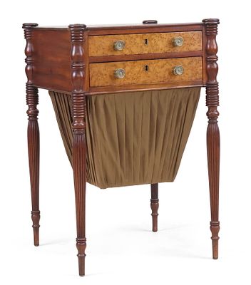 Federal Figured Maple and Mahogany Two-Drawer Sewing Table. Federal Figured Maple and Mahogany 