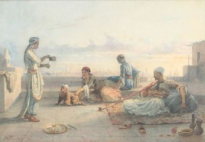 Willem "de" Famars Testas, 1834-1896, Family on Egyptian Rooftop, Watercolor. Willem "de" 