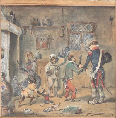 Anthropomorphic Monkeys in a Kitchen, Watercolor on paper. Anthropomorphic Monkeys in a 