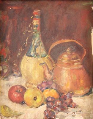 August Laux, 1847-1921, Still Life of Fruit and Kettle, Oil on Board. August Laux 1847-1921 