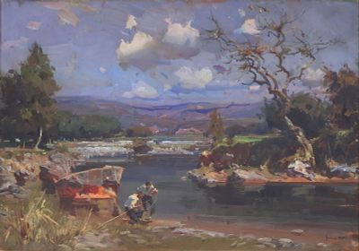 Jose Serra Santa, 1916-1998, Fishermen, Oil on Canvas. Jose Serra Santa 1916-1998 