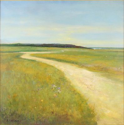 Anne Packard, American 1933-, Grassy Path Along Sea, Oil on Canvas. Anne Packard American 