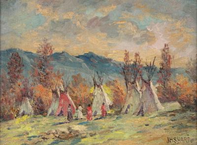 Joseph Henry Sharp, 1859-1953, Native American Encampment, Oil on Board. Joseph Henry 