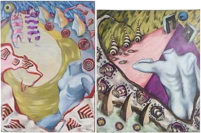 Two Surrealist, Oils on Panels. Two Surrealist Oils on Panels Both signed "RoDia". Losses to 