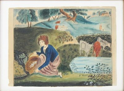 Girl Gathering Flowers, Watercolor on Paper. Girl Gathering Flowers Watercolor on Paper 