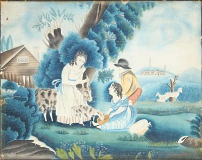 Children with Goats, Mixed Media on Paper. Children with Goats Mixed Media on Paper Folk Art 