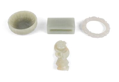 Group of Four Chinese Pale Celadon/White Carved Hardstone Items. Group of Four Chinese Pale 