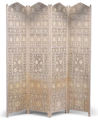 Chinese Style White Painted Four Panel Screen. Chinese Style White Painted Four Panel 