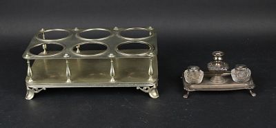 English Silvered Brass Six Bottle Frame. English Silvered Brass Six Bottle Frame Late 19th C. 