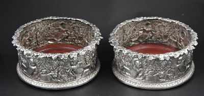 Two Sterling Repousse Wine Bottle Coasters. Two Sterling Repousse Wine Bottle Coasters Large 