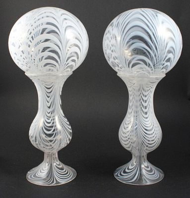Pair of Handblown White and Clear Glass Witch Balls on Stands. Pair of Handblown White and 