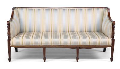 Regency Inlaid Mahogany Sofa. Regency Inlaid Mahogany Sofa English, c. 1805, with striped 