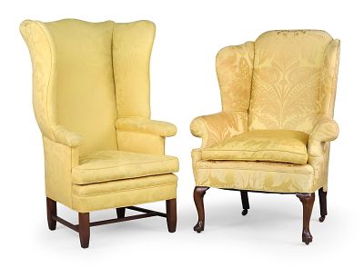 Two Yellow-Upholstered Easy Chairs. Two Yellow-Upholstered Easy Chairs Likely English and 