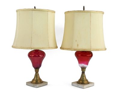 Pair of Strawberry Glass Whale Oil Lamps. Pair of Strawberry Glass Whale Oil Lamps American 