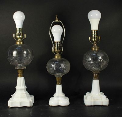 Three White and Colorless Pressed Glass Fluid Lamps. Three White and Colorless Pressed Glass 