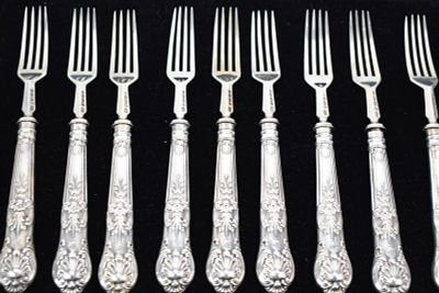 Set of Twelve English Sterling Silver Kings Pattern Forks. Set of Twelve English Sterling 