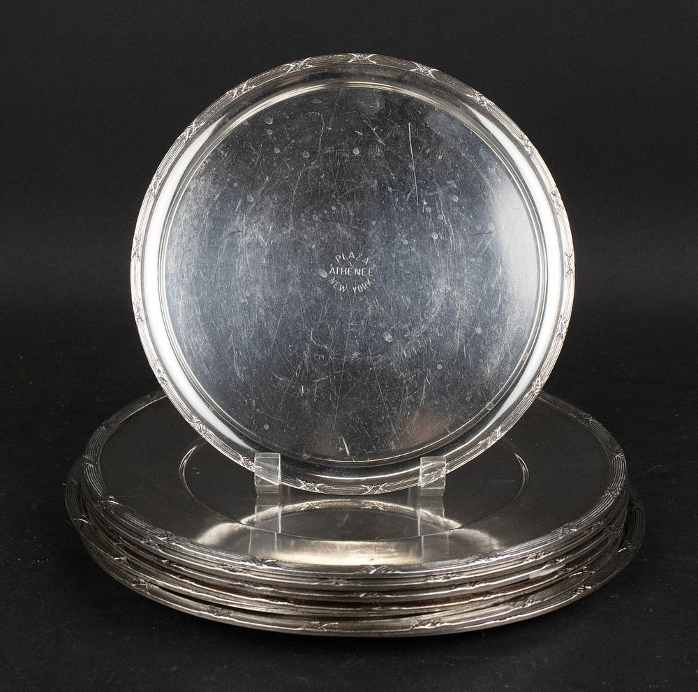 Eight Hotel Silver Chargers. Eight Hotel Silver Chargers With reeded rims. 11.5"dia.Together 