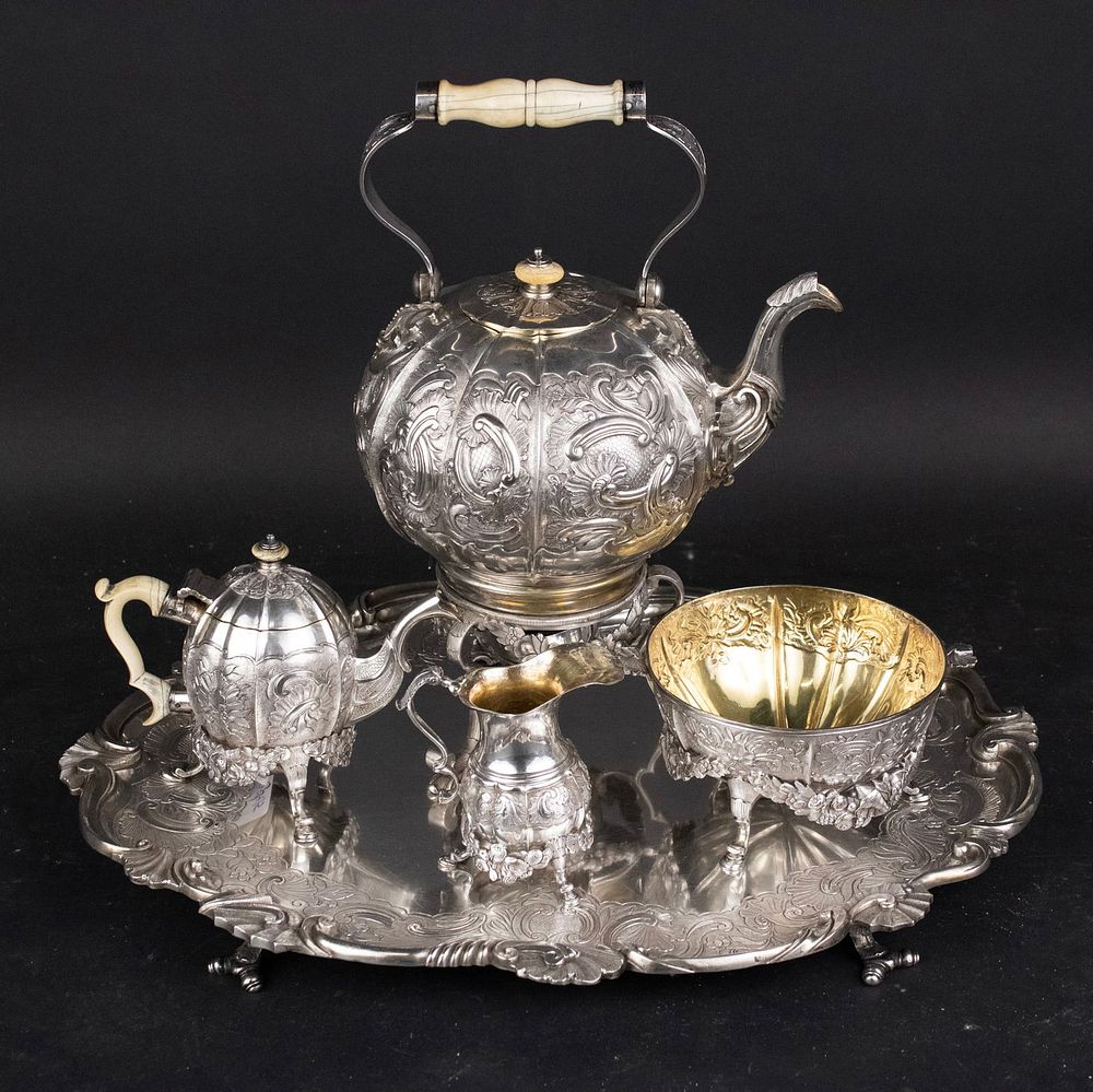 Ornate Continental Silver Partial Tea Service. Ornate Continental Silver Partial Tea 